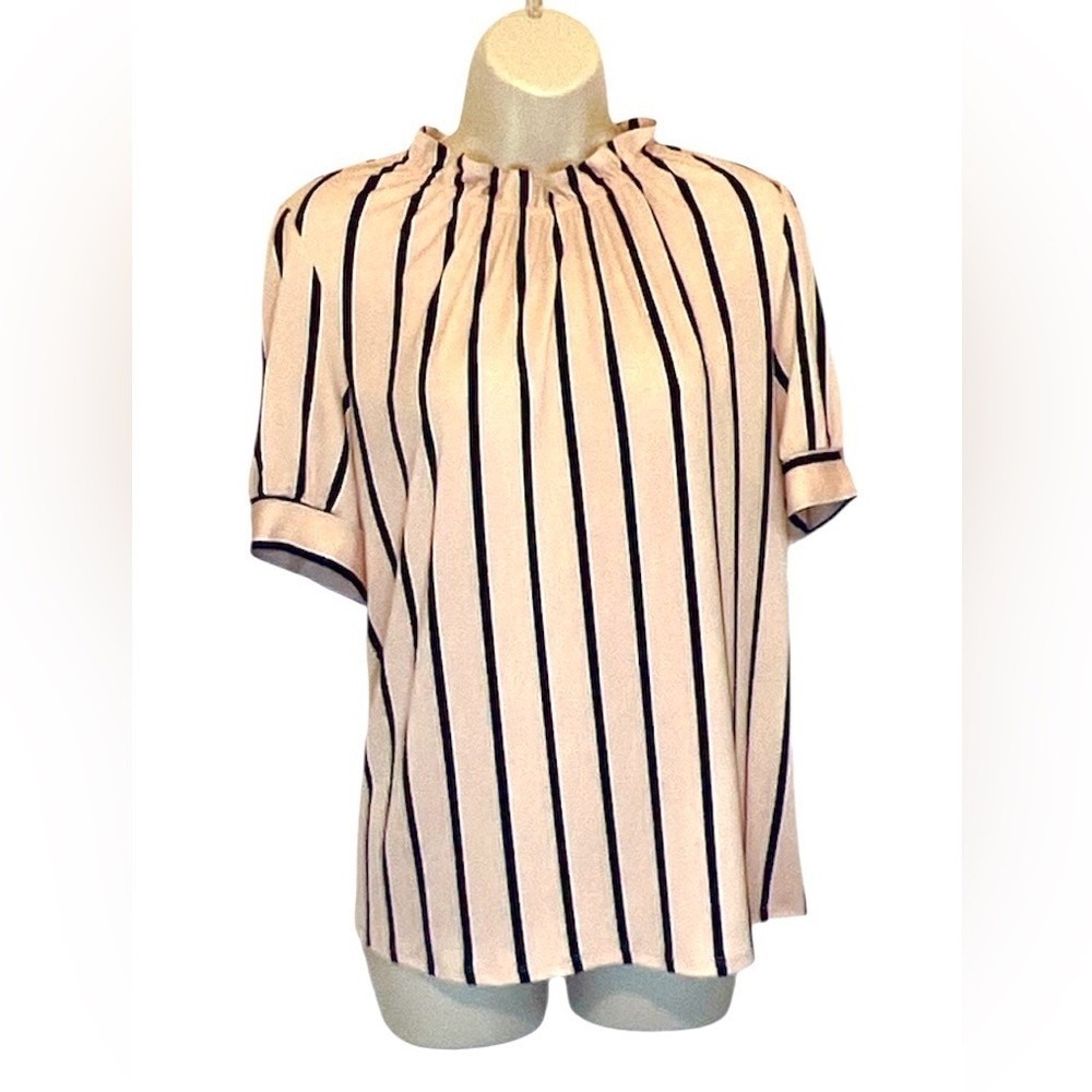 ADRIANNA PAPELL Blouse, Ruffled‎ Neckline, Puffed Sleeves, Cream/ Black , Large